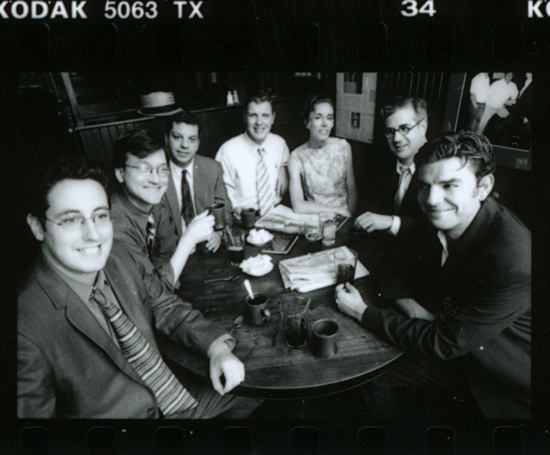 Outtake from a <em>Hermenaut</em> staff portrait. From left: Joshua Glenn, Chris Fujiwara, Michael Lewy, Tony Leone, Ingrid Schorr, Scott Hamrah, James Parker.