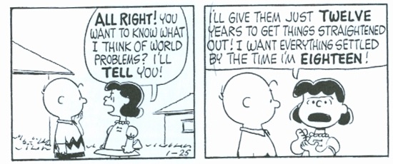 Charles Schulz's Lucy Van Pelt is a Blank. She first appears as a toddler in April 1952. This strip, in which she articulates the Blank Generation credo, was published in 1962 — i.e., when the oldest Blanks were 18.