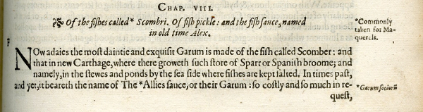 Pliny's chapter on garum from the 1st English edition, 1601.