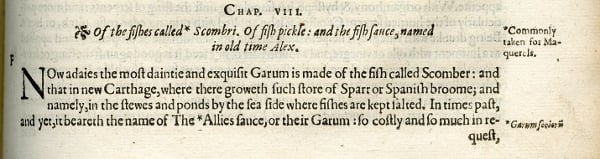 Pliny's chapter on garum from the 1st English edition, 1601.