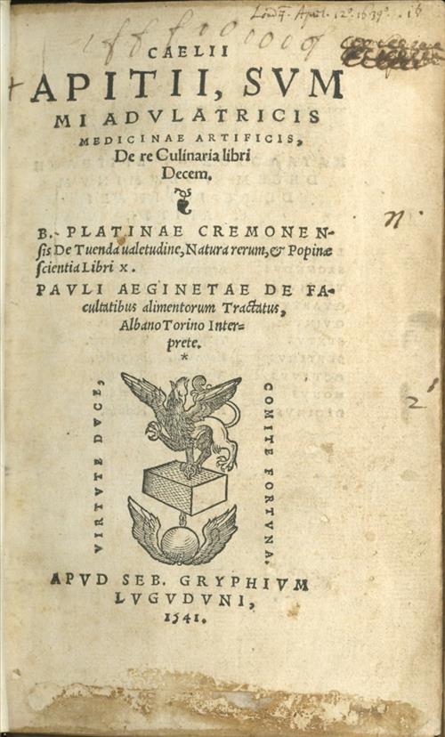 Title page of a 1541 edition of the 4th century Roman cookery referred to as Apicius