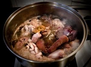 The entrails boiling before the addition of the blood