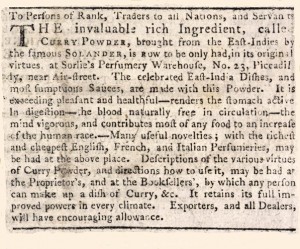 Early curry advertisement from 1784
