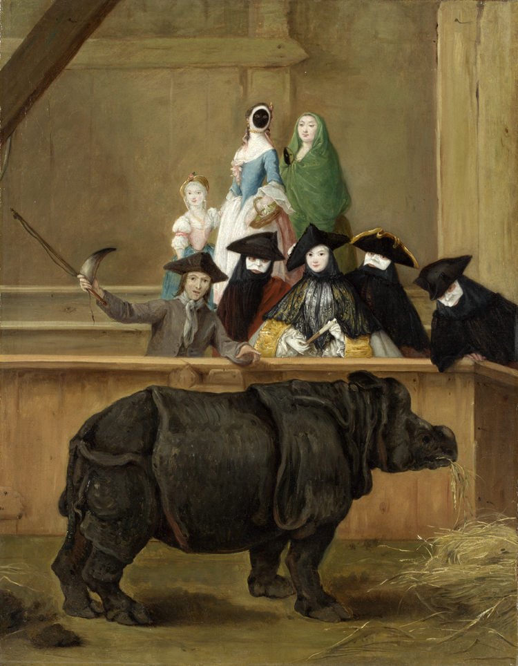 Black rhino munching hay with a small audience wearing hats, capes, and Venetian masks, with a man holding the rhino's horn and a whip gesticulating for the audience.